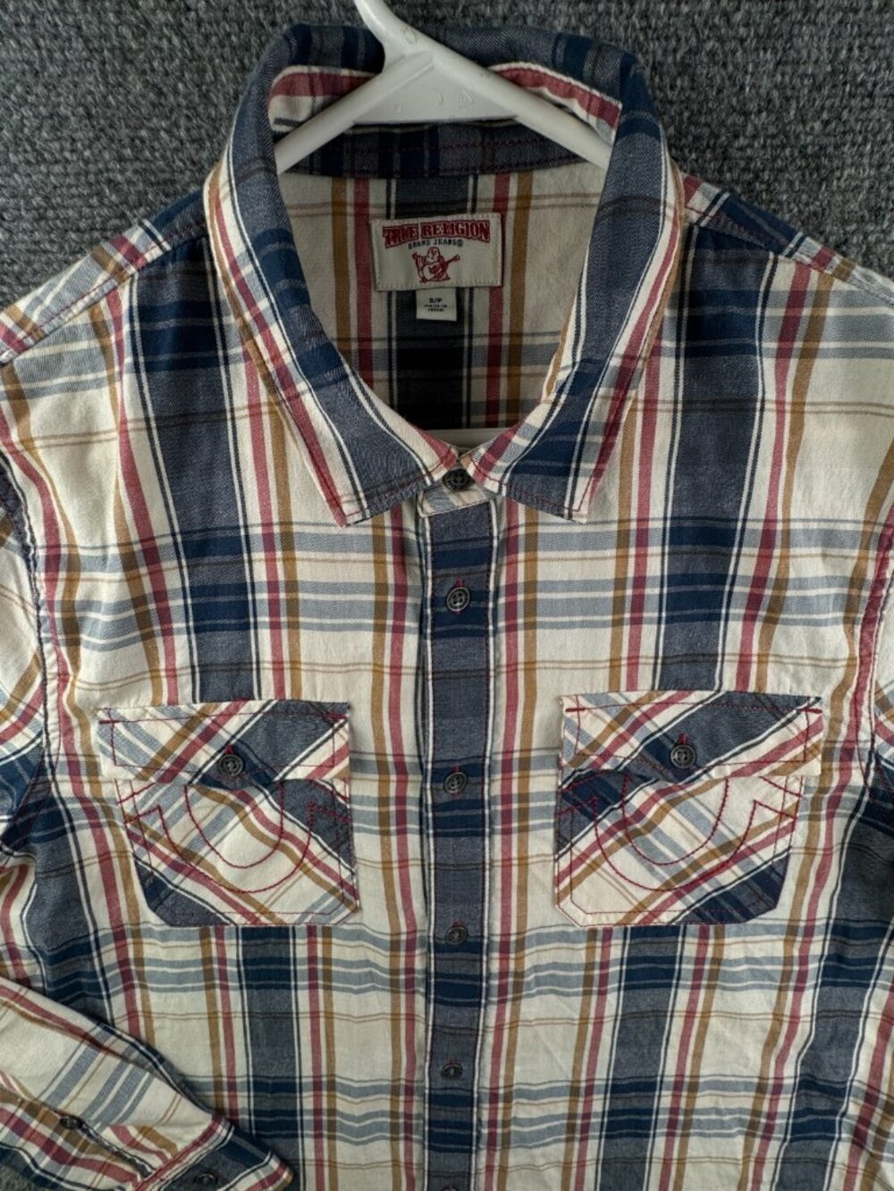True Religion Long Sleeve Plaid Button Up Shirt Men Small Pockets Cotton Tall